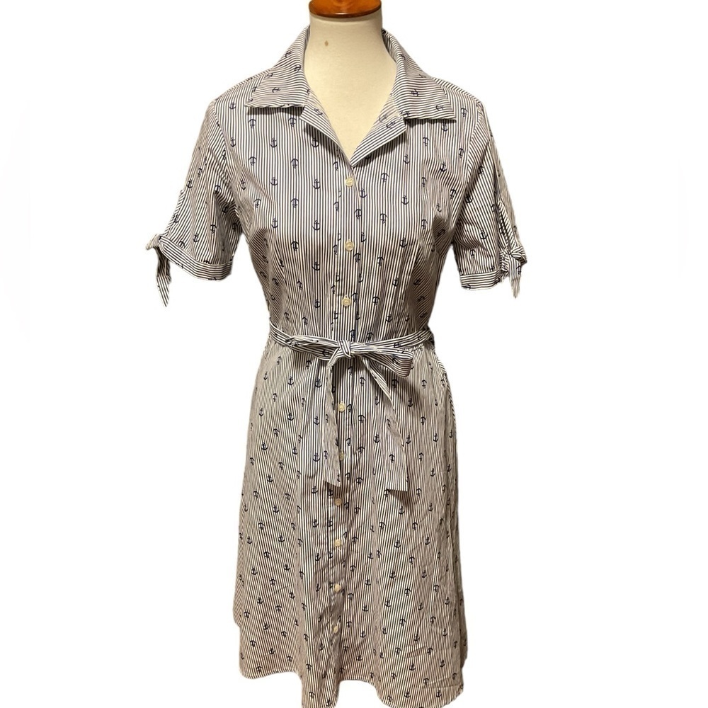 Chloe+rene Blue White Stripe Anchor Button Down Tie Front Knee Length Dress
